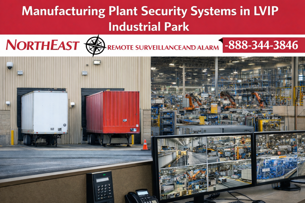 Branded image of an LVIP manufacturing plant with loading docks, trailers, production floor activity, security monitoring screens, company logo, and phone number 1-888-344-3846.