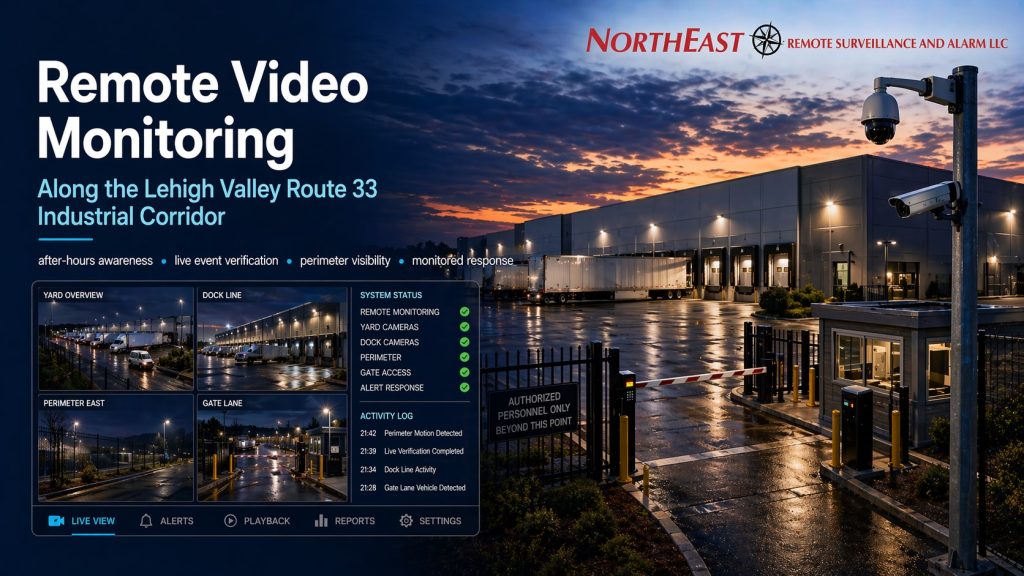 Hero image showing remote video monitoring for an industrial property along the Lehigh Valley Route 33 industrial corridor with perimeter fencing, gate access, warehouse docks, surveillance cameras, monitored site views, and Northeast Remote Surveillance and Alarm LLC branding.