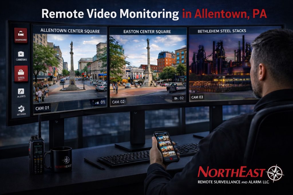 Remote video monitoring in Allentown, PA showing a security operator reviewing monitored camera feeds for commercial and industrial properties, after-hours event verification, perimeter activity, and Northeast Remote Surveillance and Alarm, LLC branding.