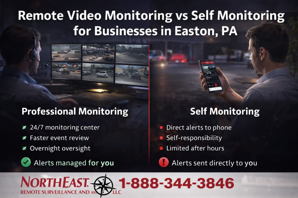 Branded comparison graphic showing professional remote video monitoring on one side and self monitoring on a mobile phone on the other for Easton, PA businesses.