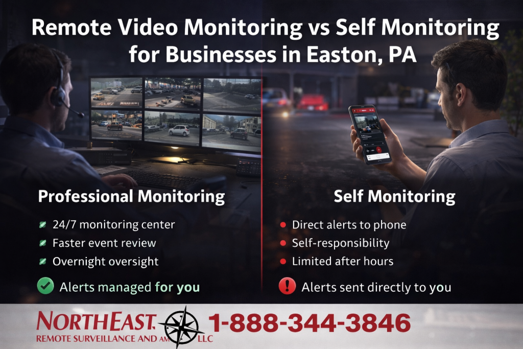 Branded comparison graphic showing professional remote video monitoring on one side and self monitoring on a mobile phone on the other for Easton, PA businesses.