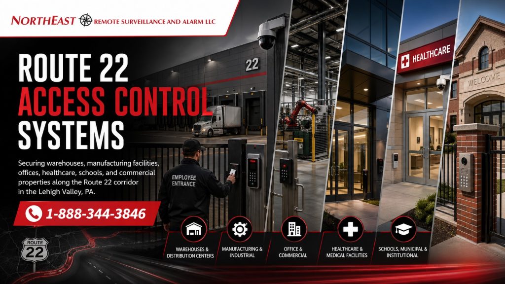 Route 22 access control systems hero image showing controlled employee entrances, warehouse doors, gate access, security cameras, and commercial industrial buildings in the Lehigh Valley.
