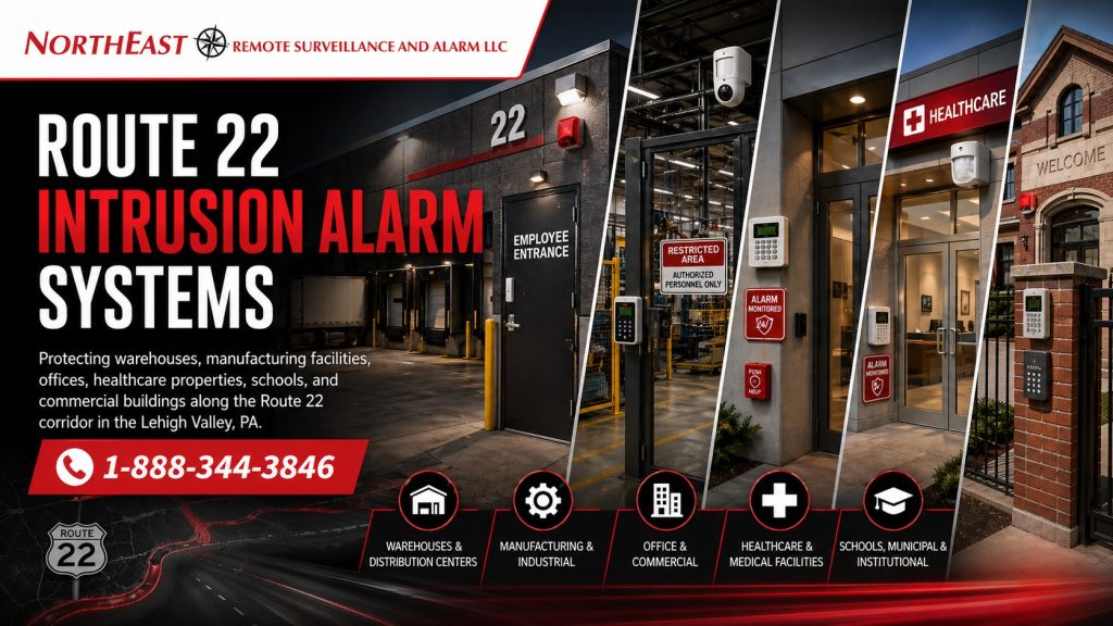 Route 22 intrusion alarm systems hero image showing warehouses, manufacturing facilities, offices, healthcare properties, schools, controlled entrances, alarm devices, and Northeast Remote Surveillance and Alarm branding in the Lehigh Valley.