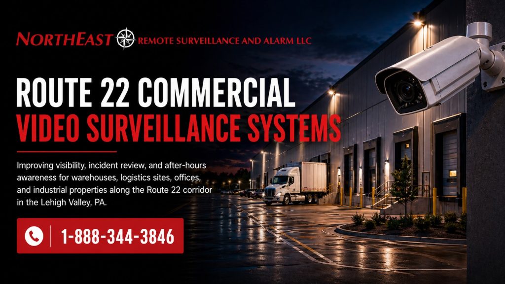 Commercial video surveillance systems along the Route 22 Industrial Corridor showing warehouse buildings, loading areas, parking lots, security camera coverage, and Lehigh Valley corridor activity.