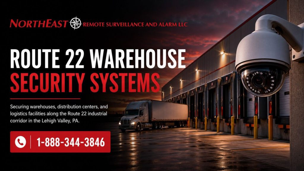 Route 22 warehouse security systems hero image showing a secured warehouse, loading docks, truck activity, security camera coverage, and Northeast Remote Surveillance and Alarm branding.