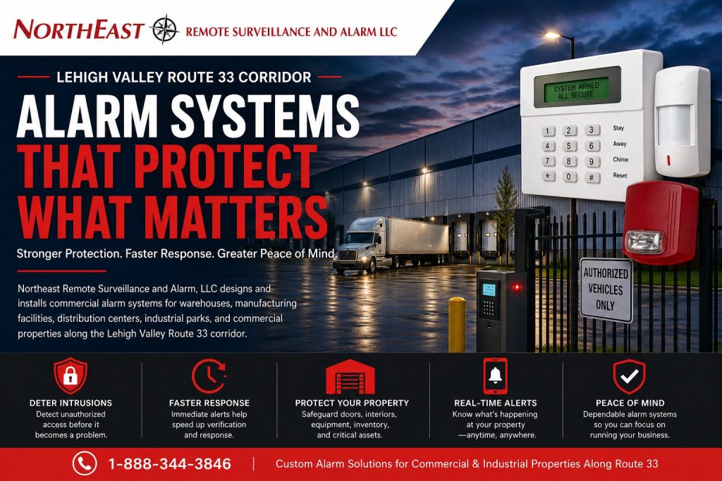 Commercial alarm systems along the Lehigh Valley Route 33 corridor showing warehouse loading docks, alarm keypad, motion detector, siren strobe, gate access, and industrial after-hours protection.