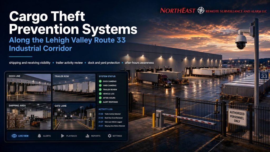 Hero image showing cargo theft prevention at a Lehigh Valley Route 33 industrial property with secured loading docks, staged trailers, shipping and receiving areas, perimeter fencing, controlled gate access, surveillance cameras, and Northeast Remote Surveillance and Alarm LLC branding.