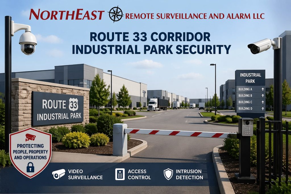 Branded image of Route 33 corridor industrial park security showing a gated industrial park entrance, surveillance cameras, access control keypad, warehouse buildings, truck traffic, and Northeast Remote Surveillance and Alarm, LLC branding.