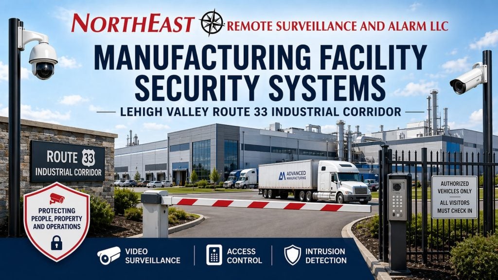 Branded image for manufacturing facility security systems along the Lehigh Valley Route 33 Industrial Corridor showing a gated industrial manufacturing site, surveillance cameras, access control pedestal, truck traffic, and Northeast Remote Surveillance and Alarm, LLC branding.