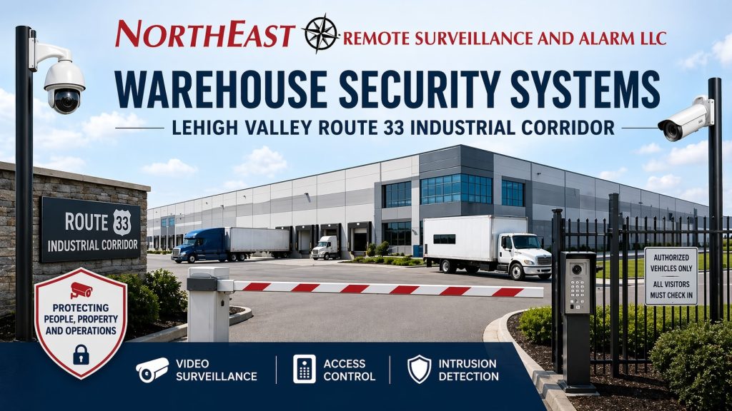 Branded warehouse security systems image for the Lehigh Valley Route 33 Industrial Corridor showing a gated warehouse facility, surveillance cameras, access control entry, trucks at loading docks, and Northeast Remote Surveillance and Alarm, LLC branding.