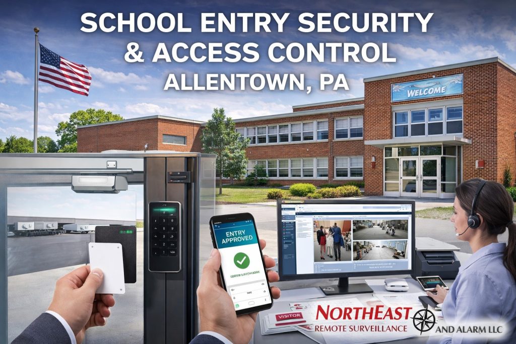  School entry security and access control systems in Allentown, PA showing a controlled school entrance, card-reader access control, visitor entry management, interior door security, and Northeast Remote Surveillance and Alarm branding.