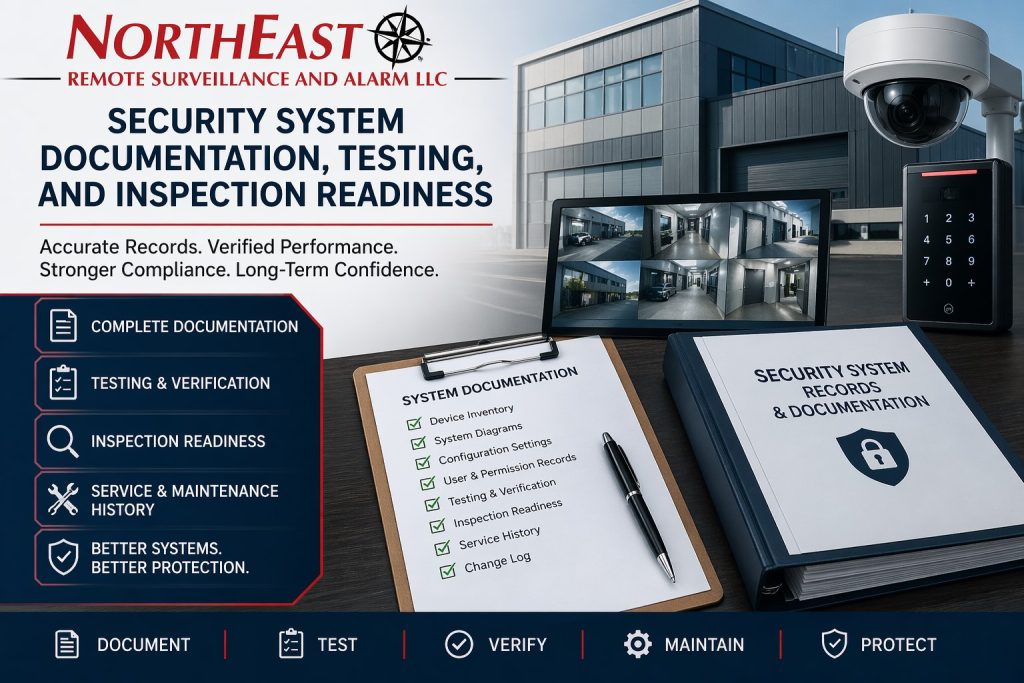 Branded commercial security graphic showing a modern facility, surveillance camera, access control reader, monitor, records binder, and checklist representing security system documentation, testing, inspection readiness, and maintenance history.