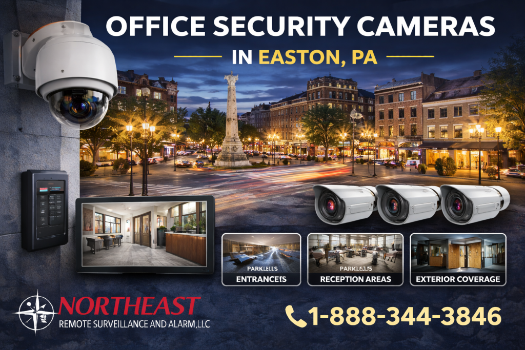 Branded office security camera image showing Easton Center Square in the background with commercial surveillance cameras, access control keypad, reception monitoring screen, and office coverage areas in Easton, PA.