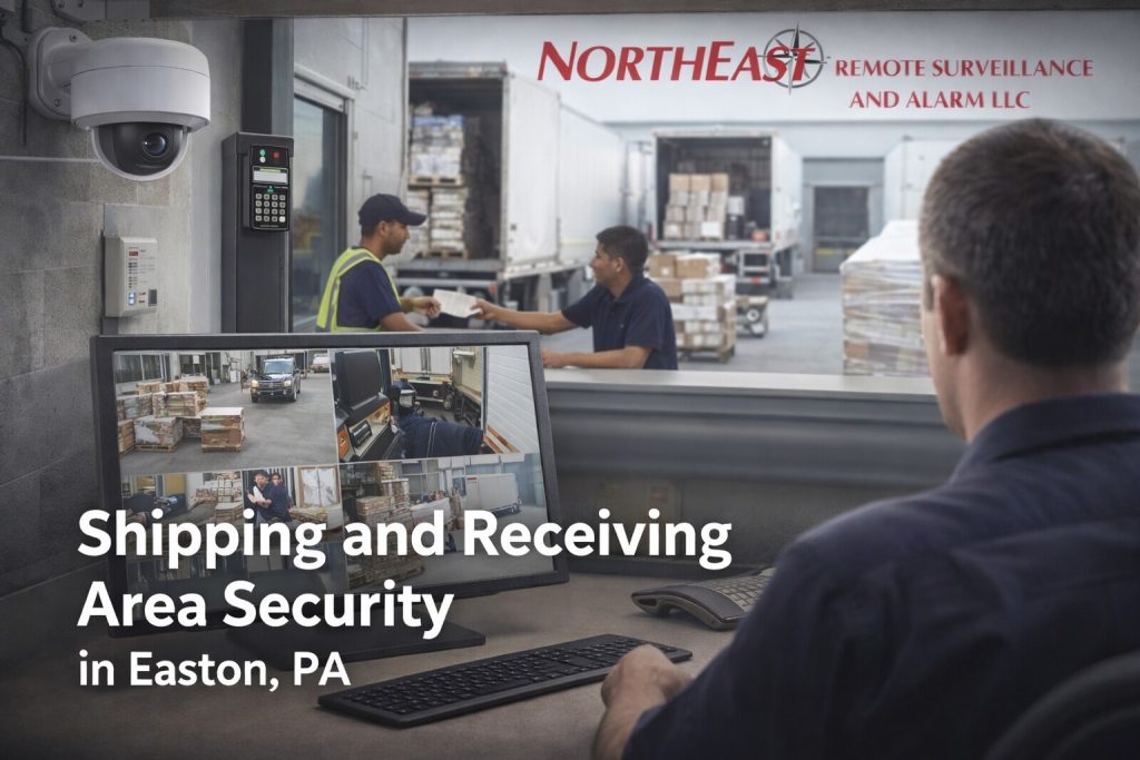 Branded shipping and receiving security image for Easton, PA showing surveillance cameras, access control, workers exchanging paperwork, loaded trailers, and a security operator monitoring multiple camera feeds.