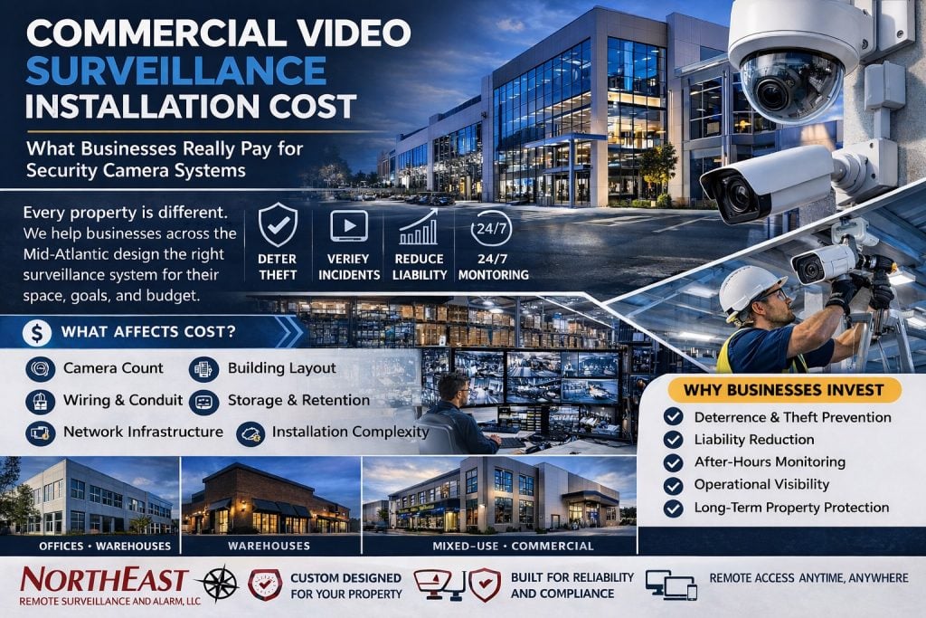 Northeast Remote Surveillance and Alarm, LLC showing commercial video surveillance installation cost with office, warehouse, mixed-use property, security cameras, a technician installing cameras, monitoring screens, and cost factors for Mid-Atlantic business security systems.