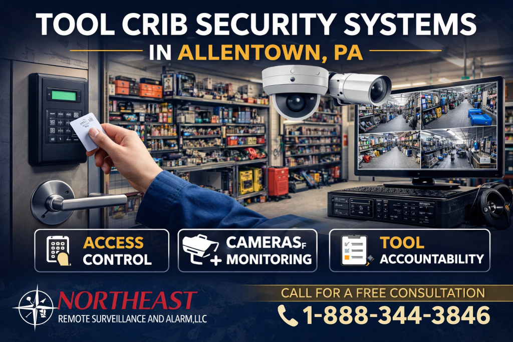 Tool crib security systems in Allentown, PA showing card-reader access control at a secured tool room, surveillance camera coverage, organized tool storage, monitoring screens, and Northeast Remote Surveillance and Alarm branding.