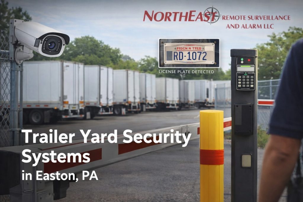 Branded trailer yard security image for Easton, PA showing parked trailers, entry gate arm, access control pedestal, surveillance camera, and license plate recognition monitoring. Description