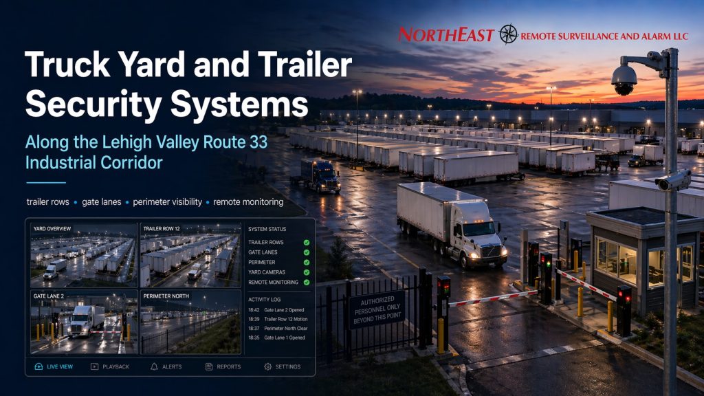 Hero image showing a secured truck yard and trailer storage area along the Lehigh Valley Route 33 industrial corridor with trailer rows, gate lanes, perimeter fencing, controlled access barriers, surveillance cameras, and Northeast Remote Surveillance and Alarm LLC branding.