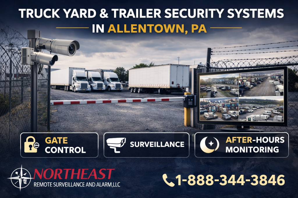Truck yard and trailer security systems in Allentown, PA showing a gated trailer yard with perimeter fencing, surveillance cameras, gate access control, trailer parking, monitoring screens, and after-hours security coverage.