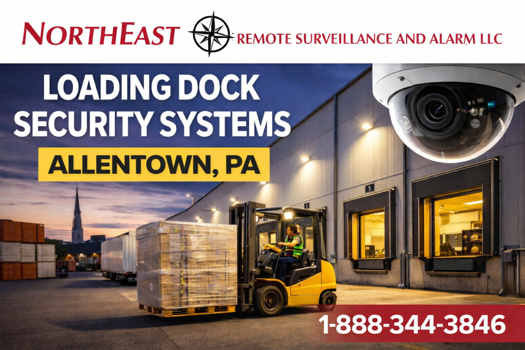 Loading dock security system in Allentown, PA, showing dock cameras, forklift activity, trailer positions, and warehouse shipping areas.