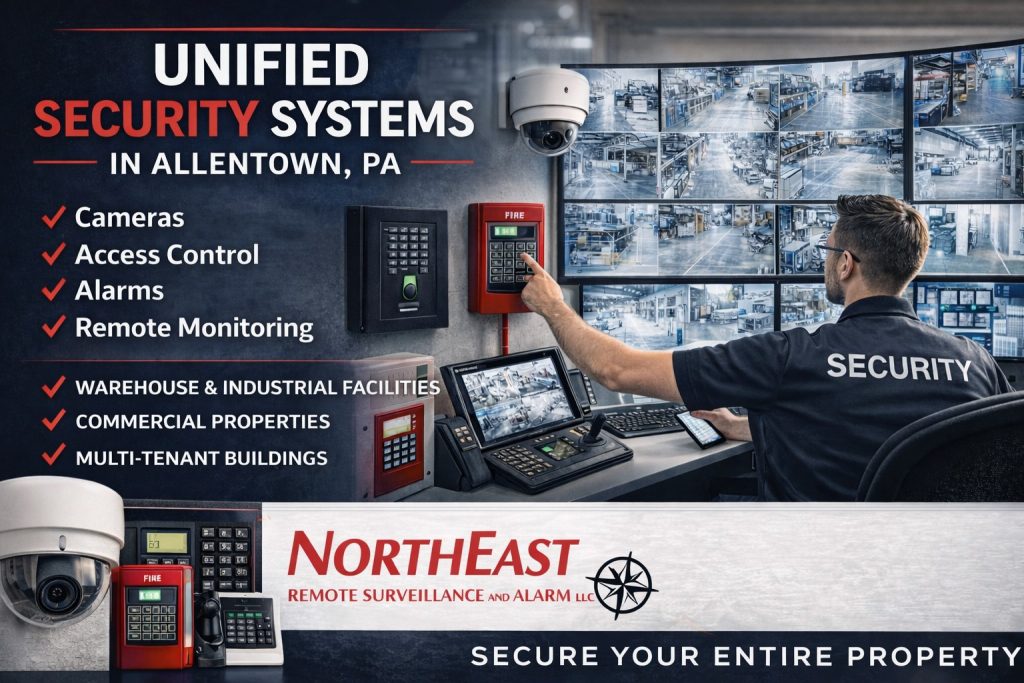 Unified security systems in Allentown, PA showing video surveillance, access control, intrusion alarm coordination, remote monitoring, and commercial security event review.