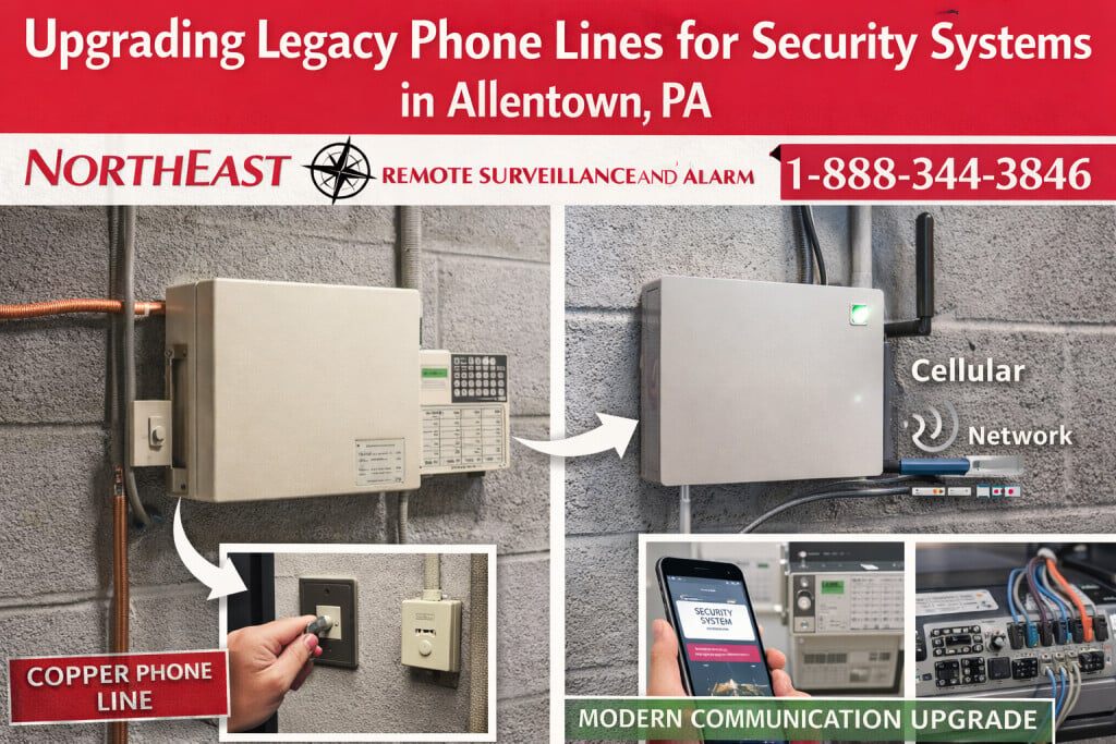 Branded image showing a legacy copper phone line security setup being upgraded to modern cellular and network communication equipment in Allentown, PA, with Northeast Remote Surveillance and Alarm branding and phone number 1-888-344-3846.