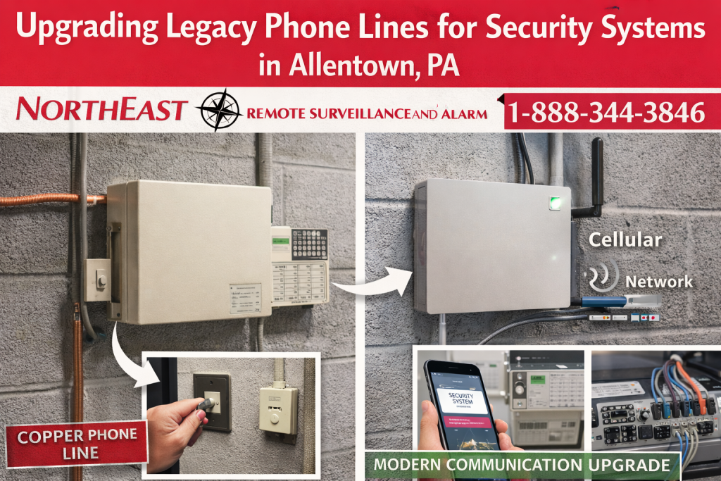 Branded image showing a legacy copper phone line security setup being upgraded to modern cellular and network communication equipment in Allentown, PA, with Northeast Remote Surveillance and Alarm branding and phone number 1-888-344-3846.