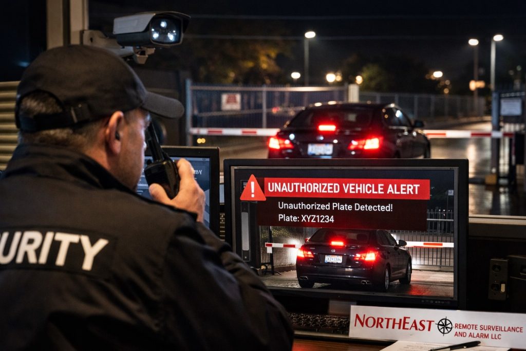 License plate recognition systems in Allentown, PA showing vehicle plate capture, gated commercial property monitoring, unauthorized vehicle alerts, nighttime entrance security, and Northeast Remote Surveillance and Alarm, LLC branding.