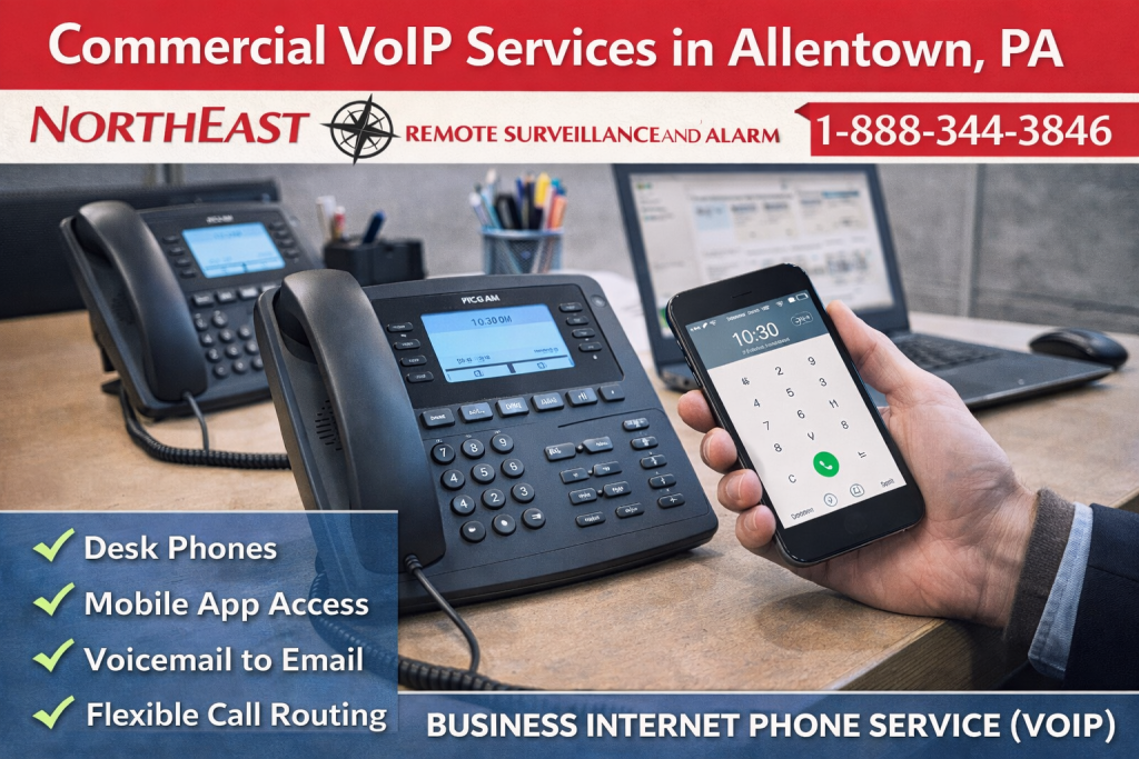 Branded commercial VoIP services image showing desk phones, a mobile calling app, laptop-based phone management, and Northeast Remote Surveillance and Alarm contact number 1-888-344-3846.