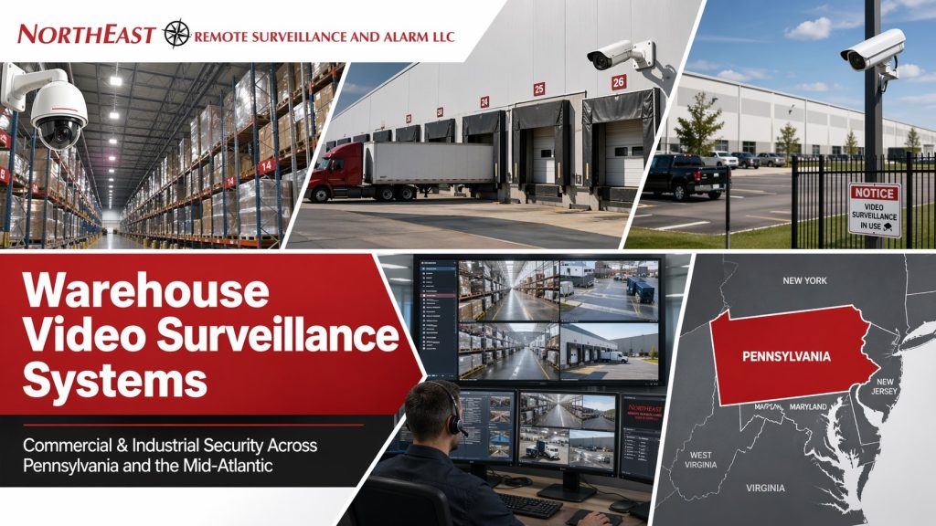 Mid-Atlantic collage for Northeast Remote Surveillance and Alarm, LLC showing warehouse video surveillance systems with interior warehouse aisles, loading docks, perimeter cameras, monitoring screens, and a Pennsylvania map highlighting regional commercial and industrial security coverage.