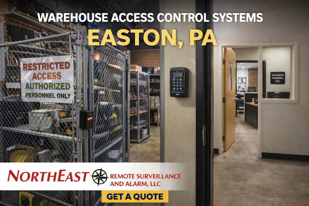 Branded warehouse access control image for Easton, PA showing a restricted-access tool crib, secured office entry door, keypad reader, and controlled interior warehouse areas.