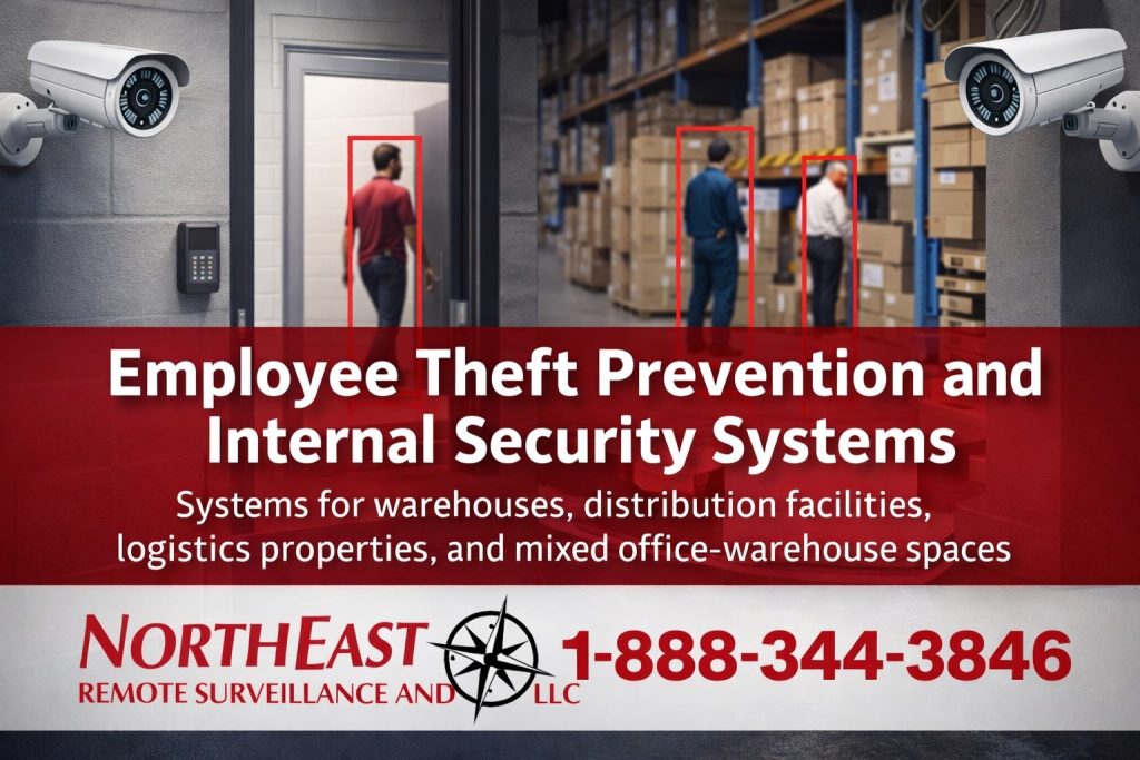 Branded warehouse security graphic showing surveillance cameras, access control keypad, and monitored employee activity for internal security and theft prevention in Easton, PA.
