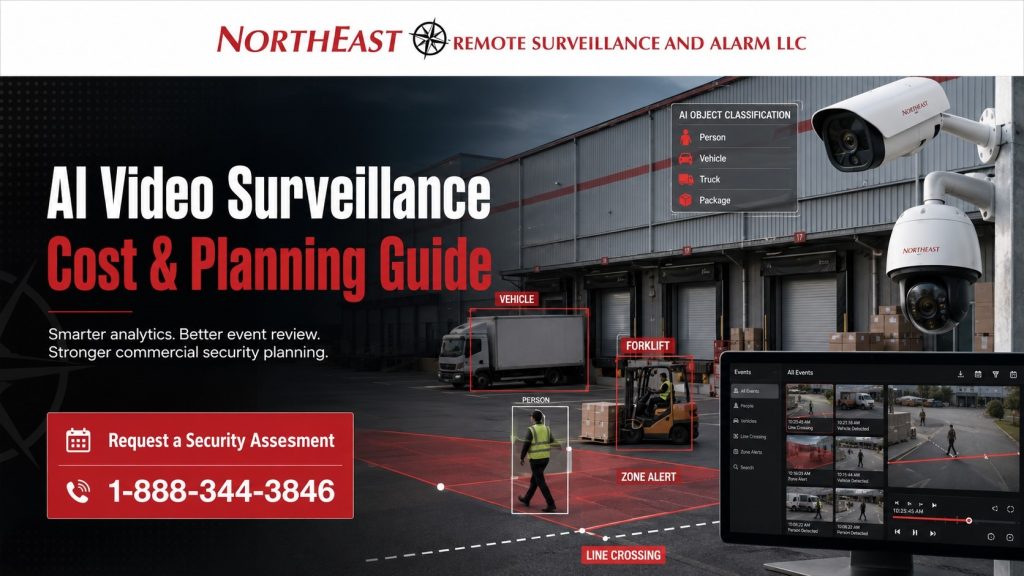 AI video surveillance cost and planning guide graphic showing a commercial warehouse, security cameras, people detection, vehicle detection, object classification, alert zones, event review software, and Northeast Remote Surveillance and Alarm LLC branding.