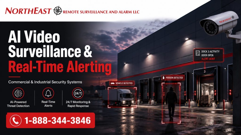 AI video surveillance and real-time alerting hero image showing a commercial warehouse loading dock at night with NERSA branding, security camera coverage, vehicle detection, person detection, dock activity alerts, and 24/7 monitoring callout.