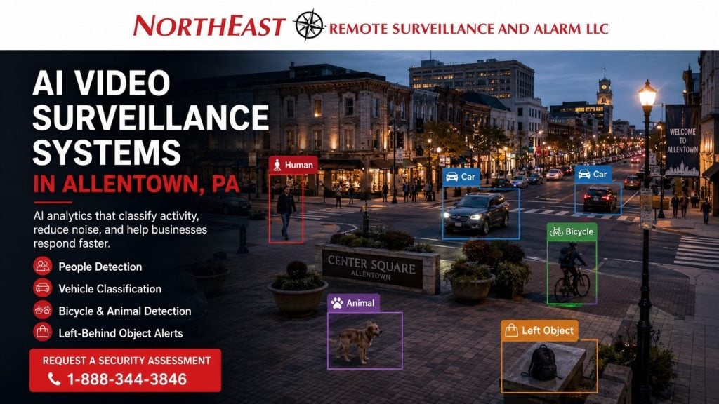 AI video surveillance systems in Allentown, PA showing Center Square with object classification for people, cars, bicycle, animal, and left-behind object, branded with NERSA logo and security assessment phone number.