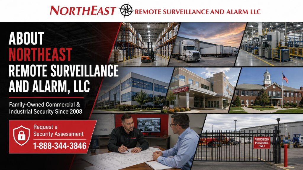 About Northeast Remote Surveillance and Alarm hero showing family-owned commercial and industrial security since 2008, with warehouses, logistics, manufacturing, offices, healthcare, schools, gated yards, and client security consultation.