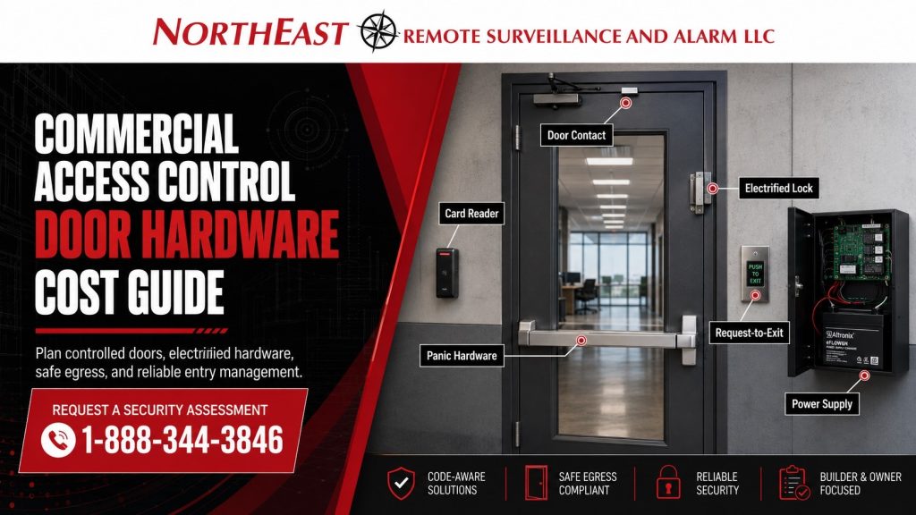 Commercial access control door hardware cost guide graphic showing a controlled commercial door, card reader, electrified lock, panic hardware, request-to-exit device, door contact, power supply, and Northeast Remote Surveillance and Alarm, LLC branding.