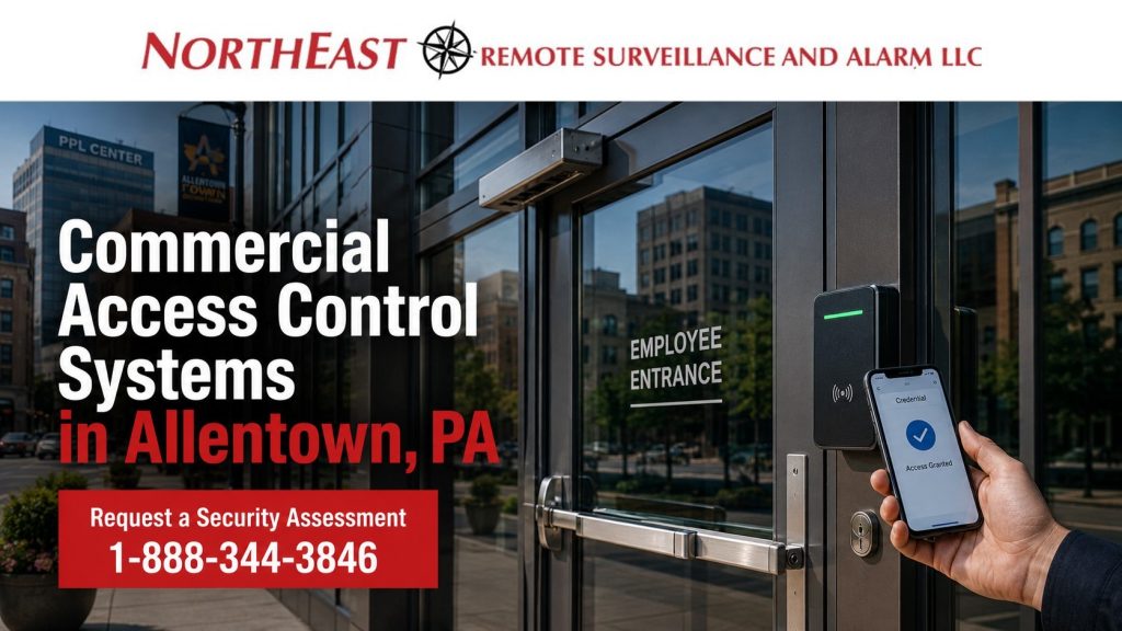 Commercial access control systems in Allentown, PA with card reader, mobile credential, electrified door hardware, and NERSA branding.