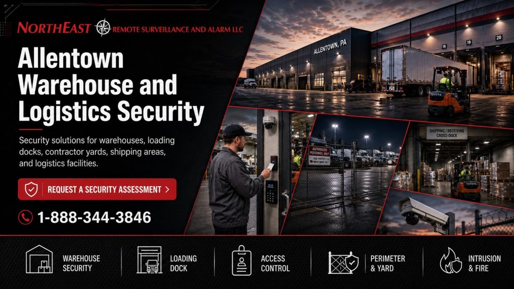 Allentown warehouse and logistics security collage showing loading docks, employee access control, truck yard fencing, shipping and receiving areas, perimeter cameras, warehouse activity, and Northeast Remote Surveillance and Alarm, LLC branding.
