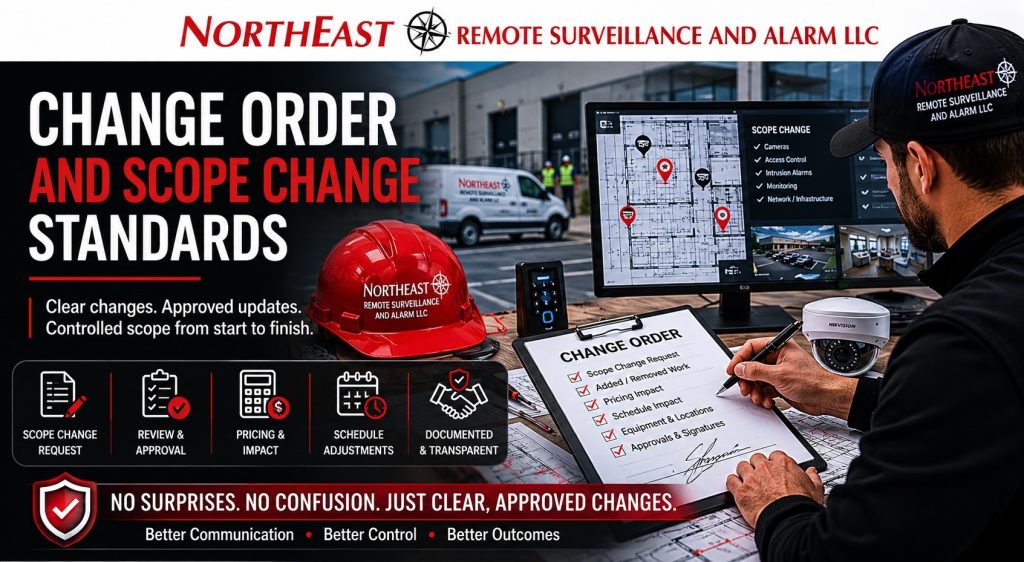 NERSA technician reviewing a change order and scope change form for a commercial security project with cameras, access control, pricing impact, approvals, schedule updates, and final project records.