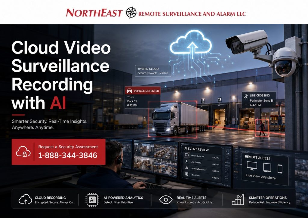 Cloud video surveillance recording with AI graphic showing a warehouse camera system, cloud upload architecture, monitoring screens, AI analytics alerts, vehicle detection, line crossing alerts, and commercial security video review for an industrial facility.