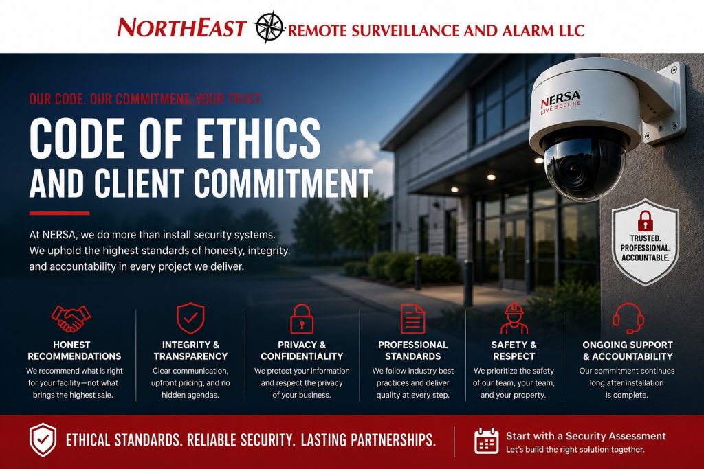 Code of Ethics and Client Commitment hero showing NERSA branding, a commercial building, surveillance camera, trust badge, and icons for honest recommendations, privacy, professional standards, safety, and ongoing support.