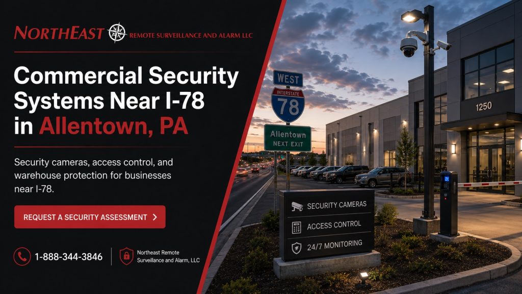 Commercial security systems near I-78 in Allentown, PA showing a secured commercial property with Interstate 78 signage, surveillance cameras, access control, parking areas, exterior lighting, and Northeast Remote Surveillance and Alarm, LLC branding.