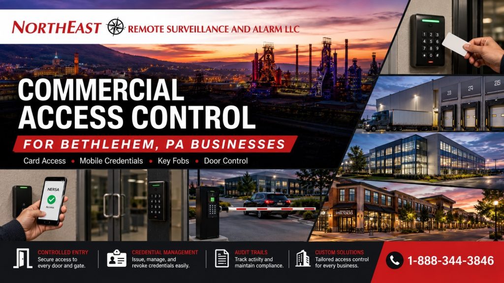 Commercial intrusion alarm systems in Bethlehem, PA hero collage showing Bethlehem businesses and verticals including warehouses, office buildings, manufacturing facilities, contractor yards, and retail properties, with alarm keypad, motion detection, mobile alert app, and Northeast Remote Surveillance and Alarm LLC branding.