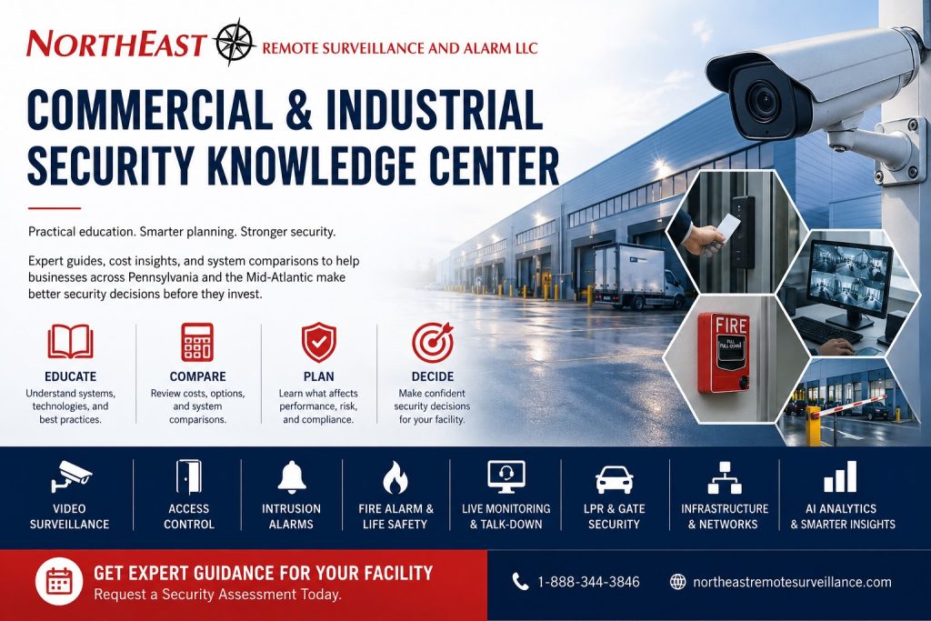 Commercial and Industrial Security Knowledge Center hero by Northeast Remote Surveillance and Alarm, LLC showing warehouse security, cameras, access control, fire alarm, live monitoring, LPR, infrastructure, AI analytics, and expert planning for commercial facilities..
