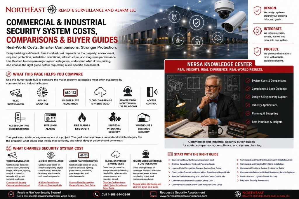 Commercial and industrial security system costs, comparisons, and buyer guides graphic showing NERSA Knowledge Center, security cameras, access control, AI analytics, LPR, monitoring, fire alarm, warehouse security, and Northeast Remote Surveillance and Alarm LLC branding.