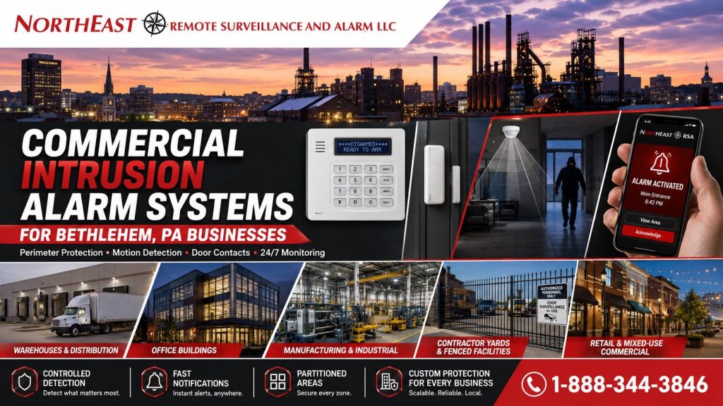 NERSA commercial intrusion alarm systems graphic for Bethlehem businesses, showing an alarm keypad, door contact, motion detection and a mobile alarm alert.