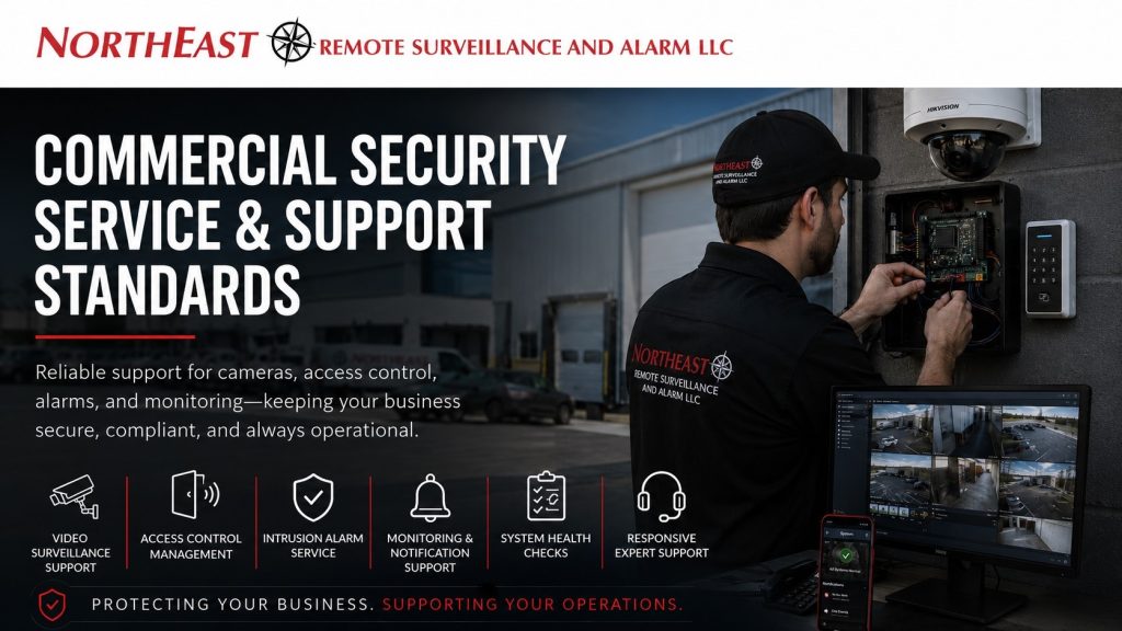 NERSA technician servicing commercial security equipment with access control, surveillance cameras, alarm support, monitoring screens, and system health checks at an industrial facility.