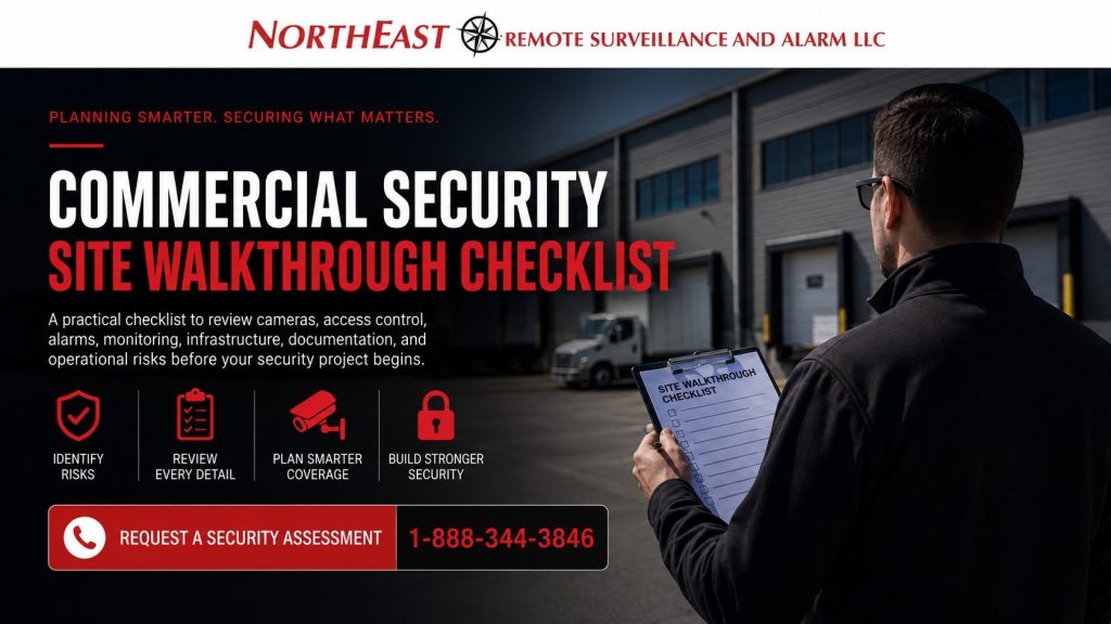 Commercial security site walkthrough checklist for a warehouse facility showing a security consultant reviewing assessment notes, cameras, access control, alarms, monitoring, infrastructure, and operational risks.