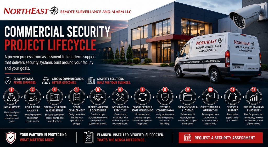 Commercial security project lifecycle graphic for NERSA showing facility assessment, risk review, scope development, installation, change orders, testing, documentation, client training, service support, and future planning.